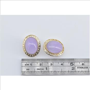 14K Oval Lilac Jadeite Greek Wave French Clip Yellow Gold Earrings