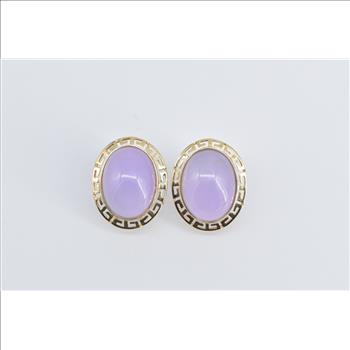 14K Oval Lilac Jadeite Greek Wave French Clip Yellow Gold Earrings