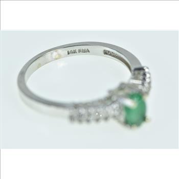 14K Oval Natural Emerald Diamond Engagement White Gold Ring, Size 6.75