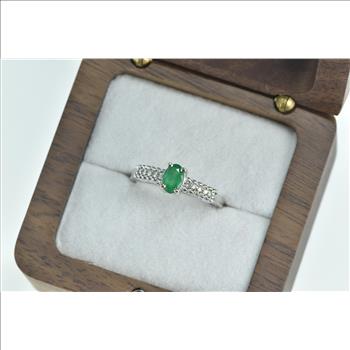 14K Oval Natural Emerald Diamond Engagement White Gold Ring, Size 6.75