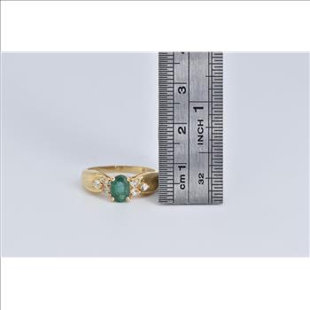 14K Oval Natural Emerald Diamond Engagement Yellow Gold Ring, Size 7.25