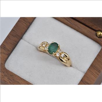 14K Oval Natural Emerald Diamond Engagement Yellow Gold Ring, Size 7.25