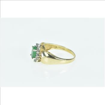 14K Oval Natural Emerald Diamond Halo Vintage Yellow Gold Ring, Size 7.25