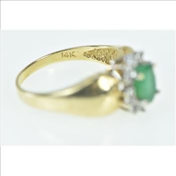 14K Oval Natural Emerald Diamond Halo Vintage Yellow Gold Ring, Size 7.25