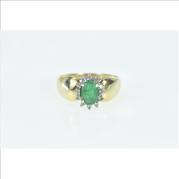 14K Oval Natural Emerald Diamond Halo Vintage Yellow Gold Ring, Size 7.25