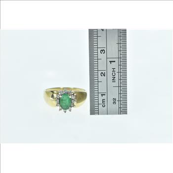 14K Oval Natural Emerald Diamond Halo Vintage Yellow Gold Ring, Size 7.25
