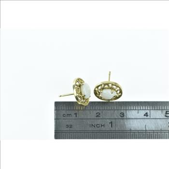 14K Oval Natural Opal Filigree Vintage Stud Yellow Gold Earrings