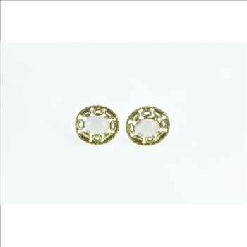 14K Oval Natural Opal Filigree Vintage Stud Yellow Gold Earrings