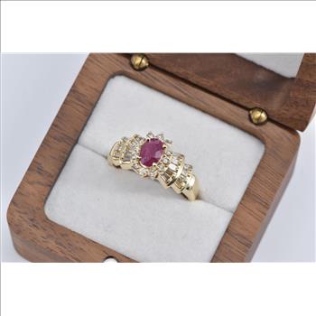 14K Oval Natural Ruby Diamond Engagement Yellow Gold Ring, Size 10