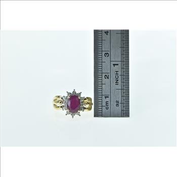 14K Oval Natural Ruby Diamond Halo Statement Yellow Gold Ring, Size 4.5