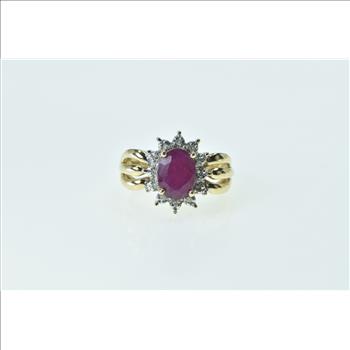 14K Oval Natural Ruby Diamond Halo Statement Yellow Gold Ring, Size 4.5