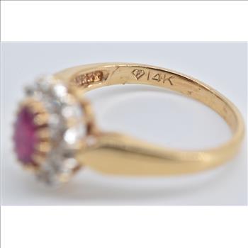 14K Oval Natural Ruby Diamond Halo Statement Yellow Gold Ring, Size 6