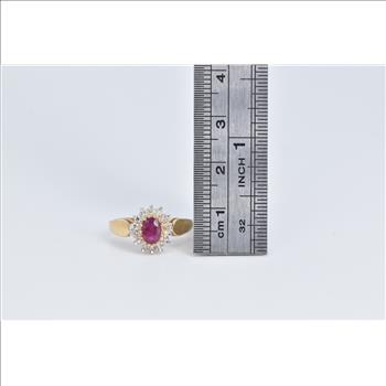 14K Oval Natural Ruby Diamond Halo Statement Yellow Gold Ring, Size 6