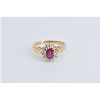 14K Oval Natural Ruby Diamond Halo Statement Yellow Gold Ring, Size 6