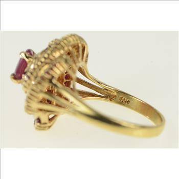 14K Oval Natural Ruby Swirl Halo Cocktail Yellow Gold Ring, Size 8.25