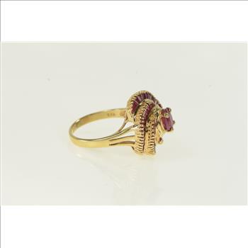 14K Oval Natural Ruby Swirl Halo Cocktail Yellow Gold Ring, Size 8.25