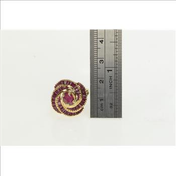 14K Oval Natural Ruby Swirl Halo Cocktail Yellow Gold Ring, Size 8.25