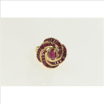 14K Oval Natural Ruby Swirl Halo Cocktail Yellow Gold Ring, Size 8.25