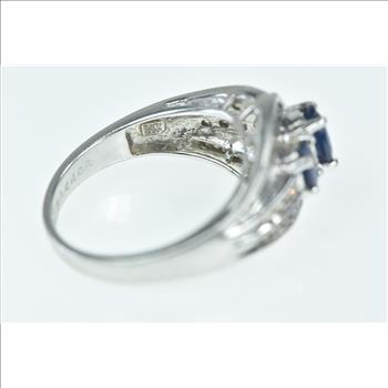 14K Oval Natural Sapphire Diamond Bypass White Gold Ring, Size 8