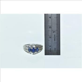 14K Oval Natural Sapphire Diamond Bypass White Gold Ring, Size 8