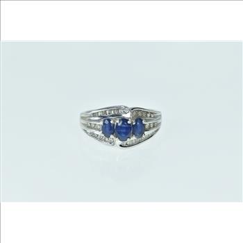14K Oval Natural Sapphire Diamond Bypass White Gold Ring, Size 8