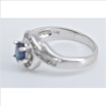 14K Oval Natural Sapphire Diamond Engagement White Gold Ring, Size 7