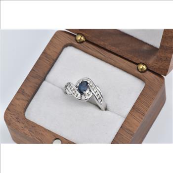 14K Oval Natural Sapphire Diamond Engagement White Gold Ring, Size 7