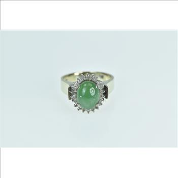 14K Oval Nephrite Diamond Halo Statement Yellow Gold Ring, Size 6.5
