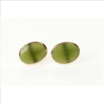 14K Oval Nephrite Jade Cabochon Screw Back Yellow Gold Earrings