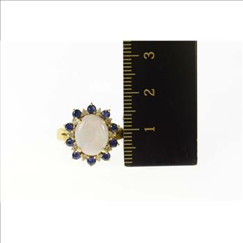 14K Oval Opal Diamond Sapphire Cocktail Yellow Gold Ring, Size 5.5