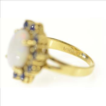 14K Oval Opal Diamond Sapphire Cocktail Yellow Gold Ring, Size 5.5