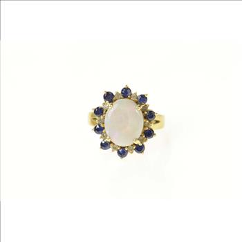 14K Oval Opal Diamond Sapphire Cocktail Yellow Gold Ring, Size 5.5