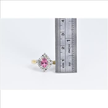14K Oval Pink Topaz Diamond Halo Engagement Yellow Gold Ring, Size 6