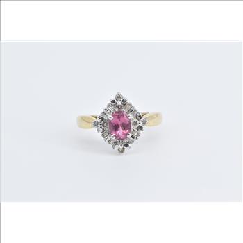 14K Oval Pink Topaz Diamond Halo Engagement Yellow Gold Ring, Size 6