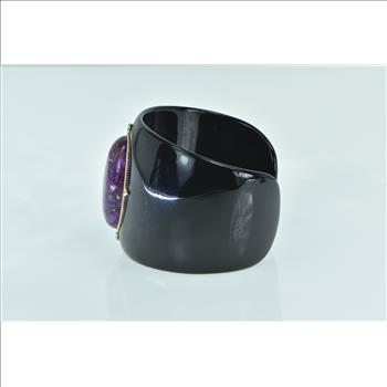 14K Oval Pyritic Sugilite Black Resin Cuff Yellow Gold Bracelet 7