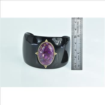 14K Oval Pyritic Sugilite Black Resin Cuff Yellow Gold Bracelet 7