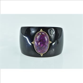 14K Oval Pyritic Sugilite Black Resin Cuff Yellow Gold Bracelet 7