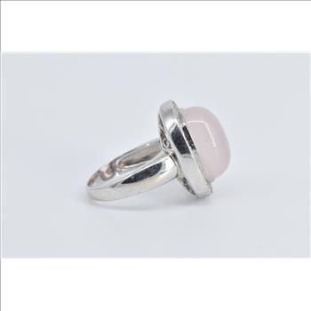 14K Oval Rose Quartz Natural Diamond Halo Cocktail White Gold Ring, Size 7.75