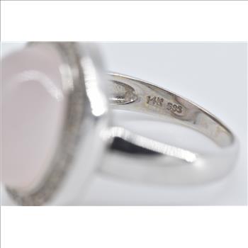 14K Oval Rose Quartz Natural Diamond Halo Cocktail White Gold Ring, Size 7.75