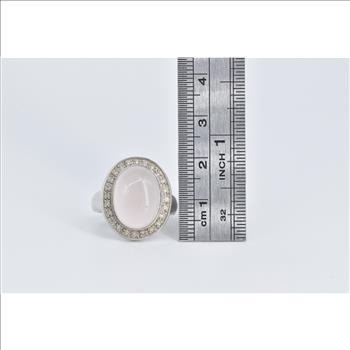 14K Oval Rose Quartz Natural Diamond Halo Cocktail White Gold Ring, Size 7.75
