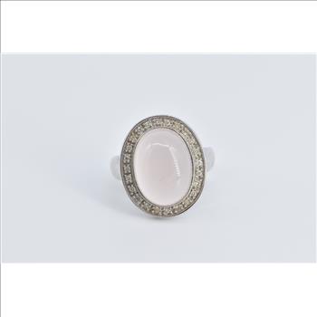 14K Oval Rose Quartz Natural Diamond Halo Cocktail White Gold Ring, Size 7.75