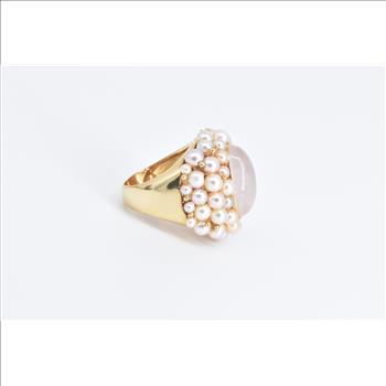 14K Oval Rose Quartz Pearl Encrusted Statement Yellow Gold Ring, Size 7