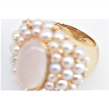 14K Oval Rose Quartz Pearl Encrusted Statement Yellow Gold Ring, Size 7