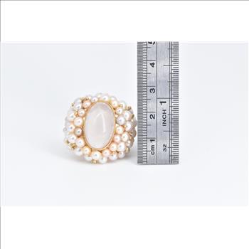 14K Oval Rose Quartz Pearl Encrusted Statement Yellow Gold Ring, Size 7