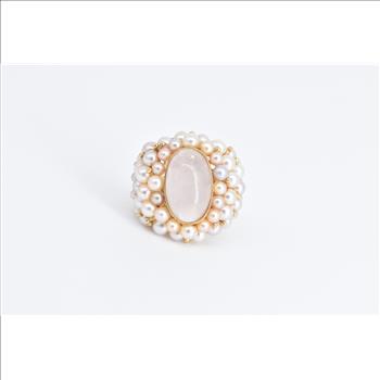 14K Oval Rose Quartz Pearl Encrusted Statement Yellow Gold Ring, Size 7
