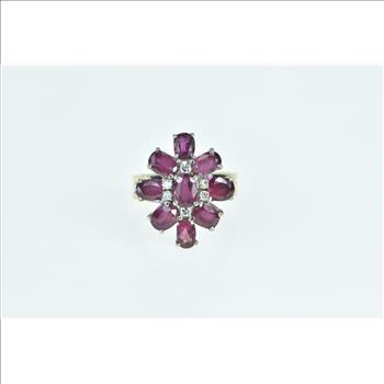 14K Oval Ruby Diamond Ornate Cluster Cocktail Yellow Gold Ring, Size 7.25