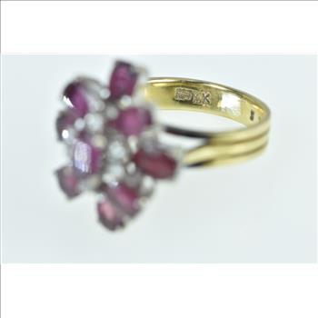 14K Oval Ruby Diamond Ornate Cluster Cocktail Yellow Gold Ring, Size 7.25