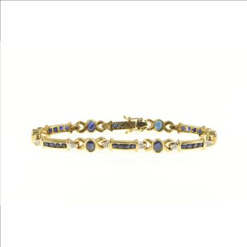 14K Oval Sapphire Bar Diamond Statement Tennis Yellow Gold Bracelet 6.5