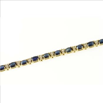 14K Oval Sapphire Diamond Accent Tennis Yellow Gold Bracelet 6.75