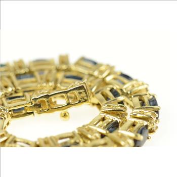 14K Oval Sapphire Diamond Accent Tennis Yellow Gold Bracelet 6.75